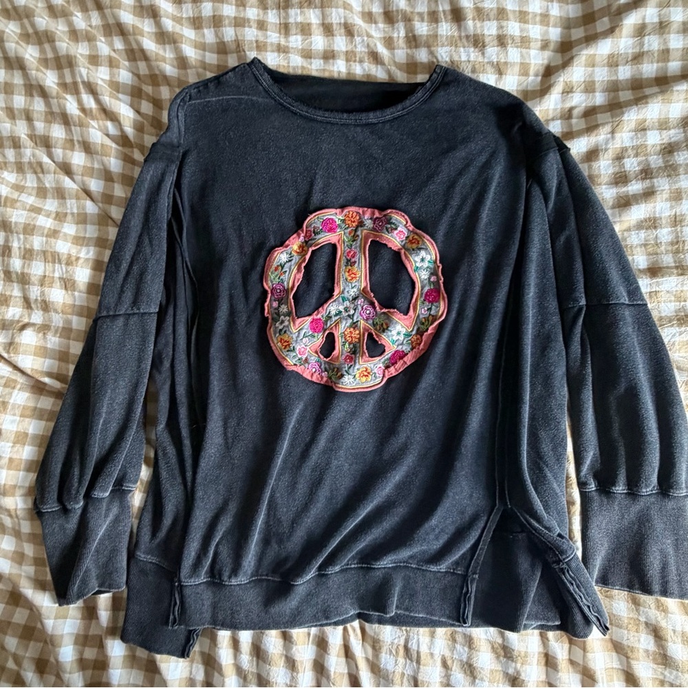 SHEIN Black Long Sleeve Sweatshirt with Multicolor Embroidered Peace Sign
